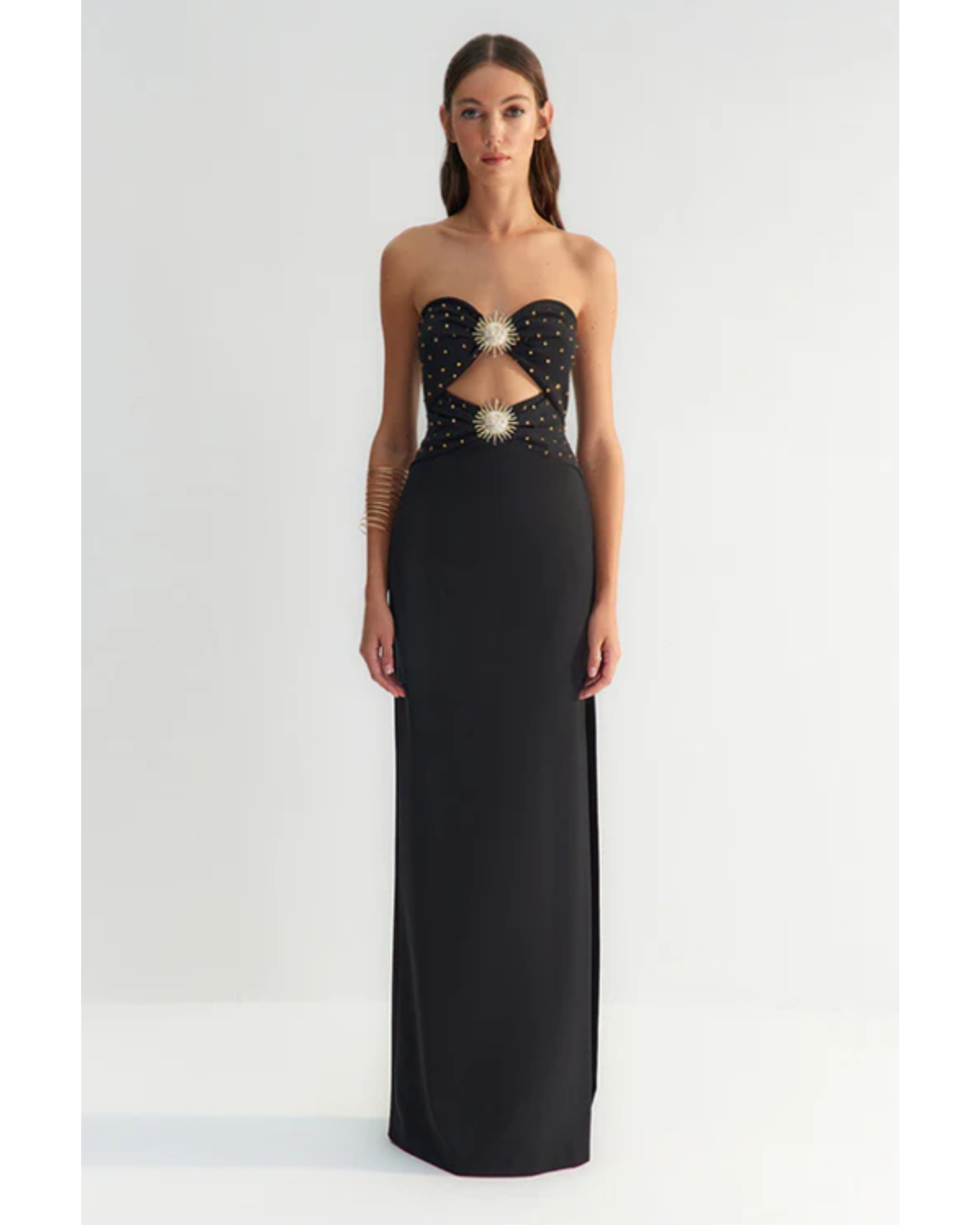 Black Body-Fitting Sun Accessory Detailed Shiny Jewelled Strapless Gown - Endless - UAE Rental and Resale for Women's Fashion