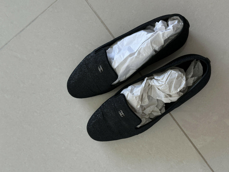 Black Glitter Fabric Mocassin Loafers - Endless - UAE Rental and Resale for Women's Fashion