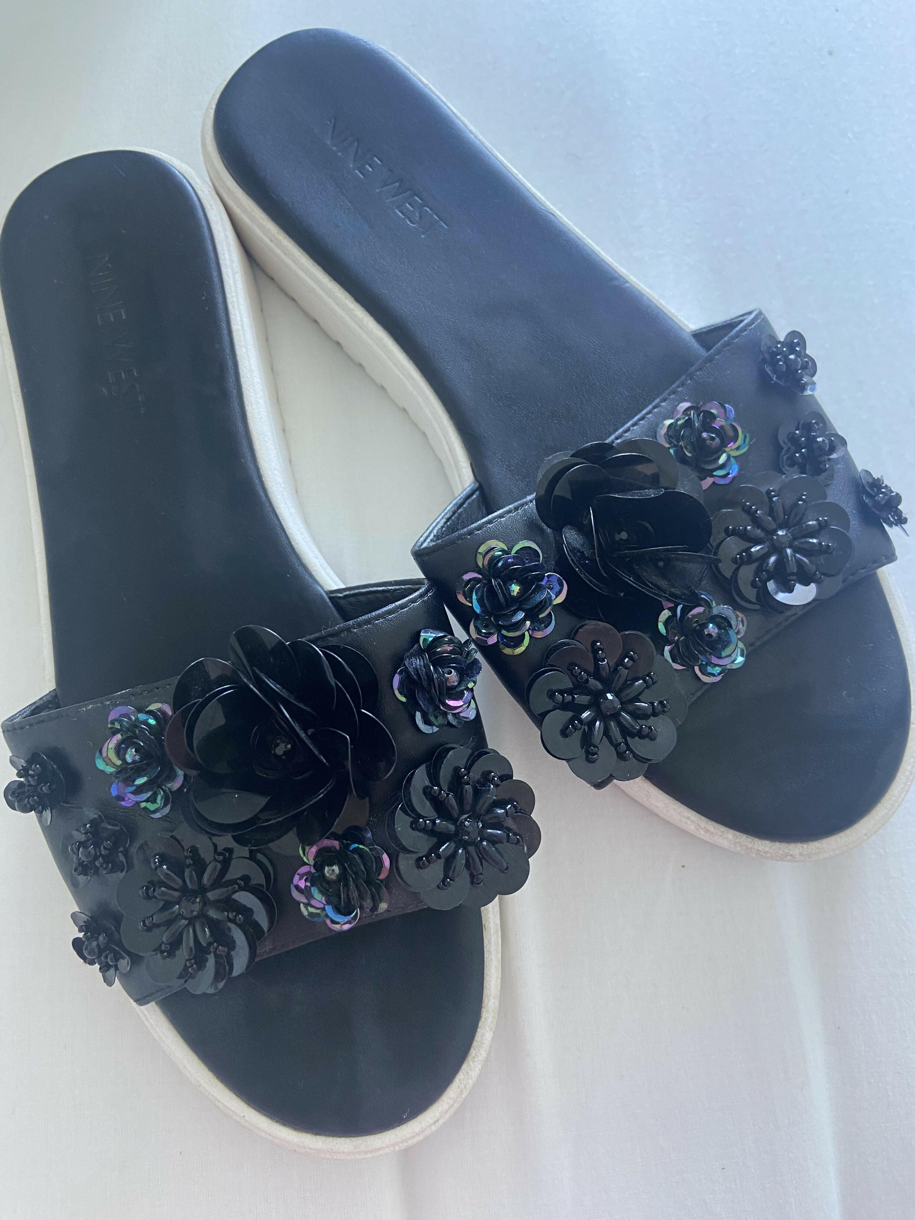 Black Slides Beaded Sequin Flowers - Endless - UAE Rental and Resale for Women's Fashion