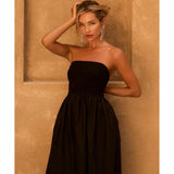 Black strapless midi dress with fitted bodice and flowing skirt — Anne Louise Boutique | Endless UAE