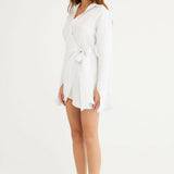 White wrap shirt dress with long sleeves and tie waist detail — Rumer | Endless UAE