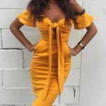 Golden yellow off-shoulder midi dress with bow detail — Runaway The Label | Endless UAE
