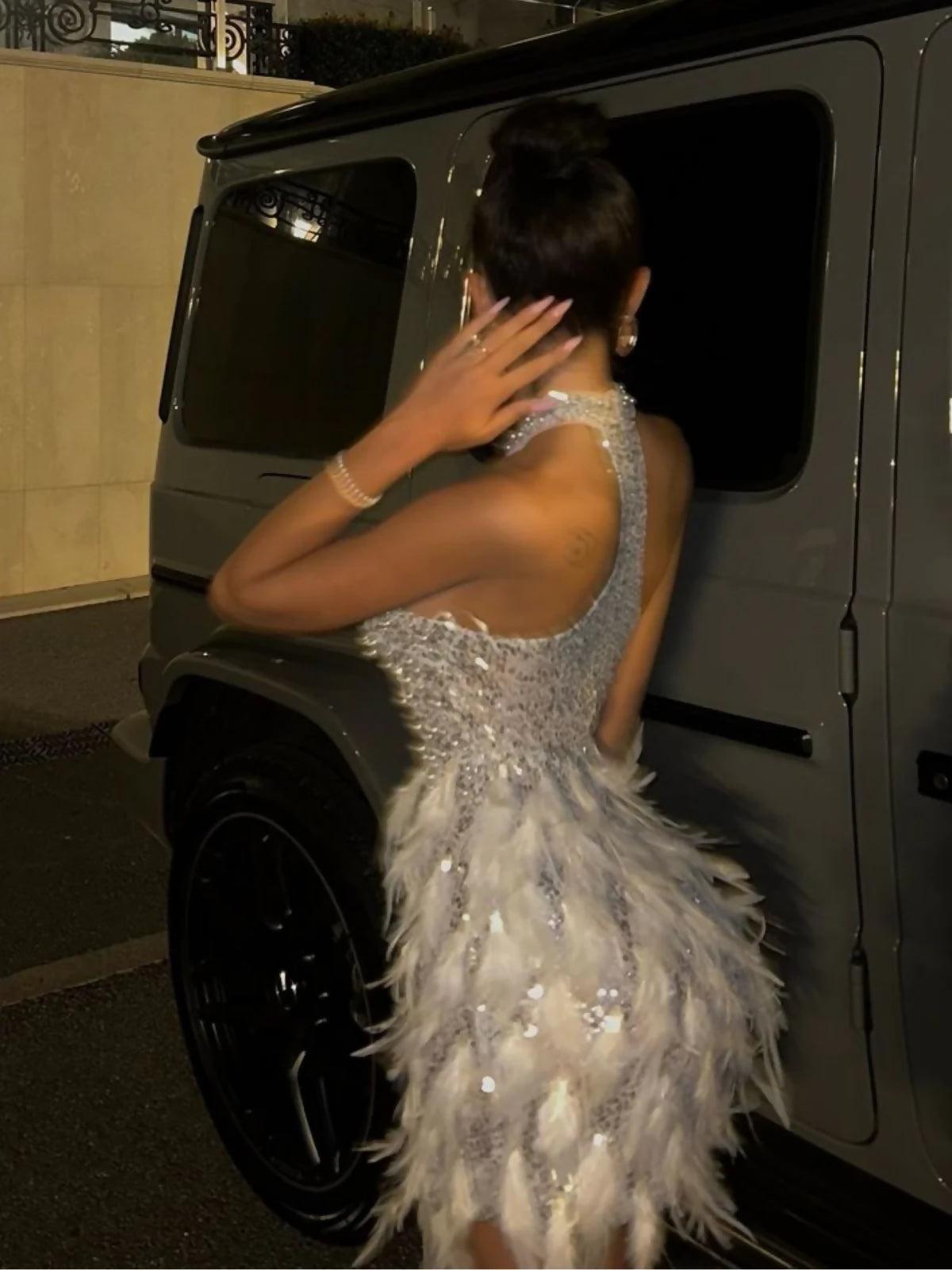 Bronte Halterneck Pearl Sequin Feather Mini Dress - Endless - UAE Rental and Resale for Women's Fashion