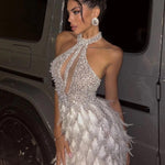 Bronte Halterneck Pearl Sequin Feather Mini Dress - Endless - UAE Rental and Resale for Women's Fashion