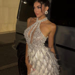 Bronte Halterneck Pearl Sequin Feather Mini Dress - Endless - UAE Rental and Resale for Women's Fashion