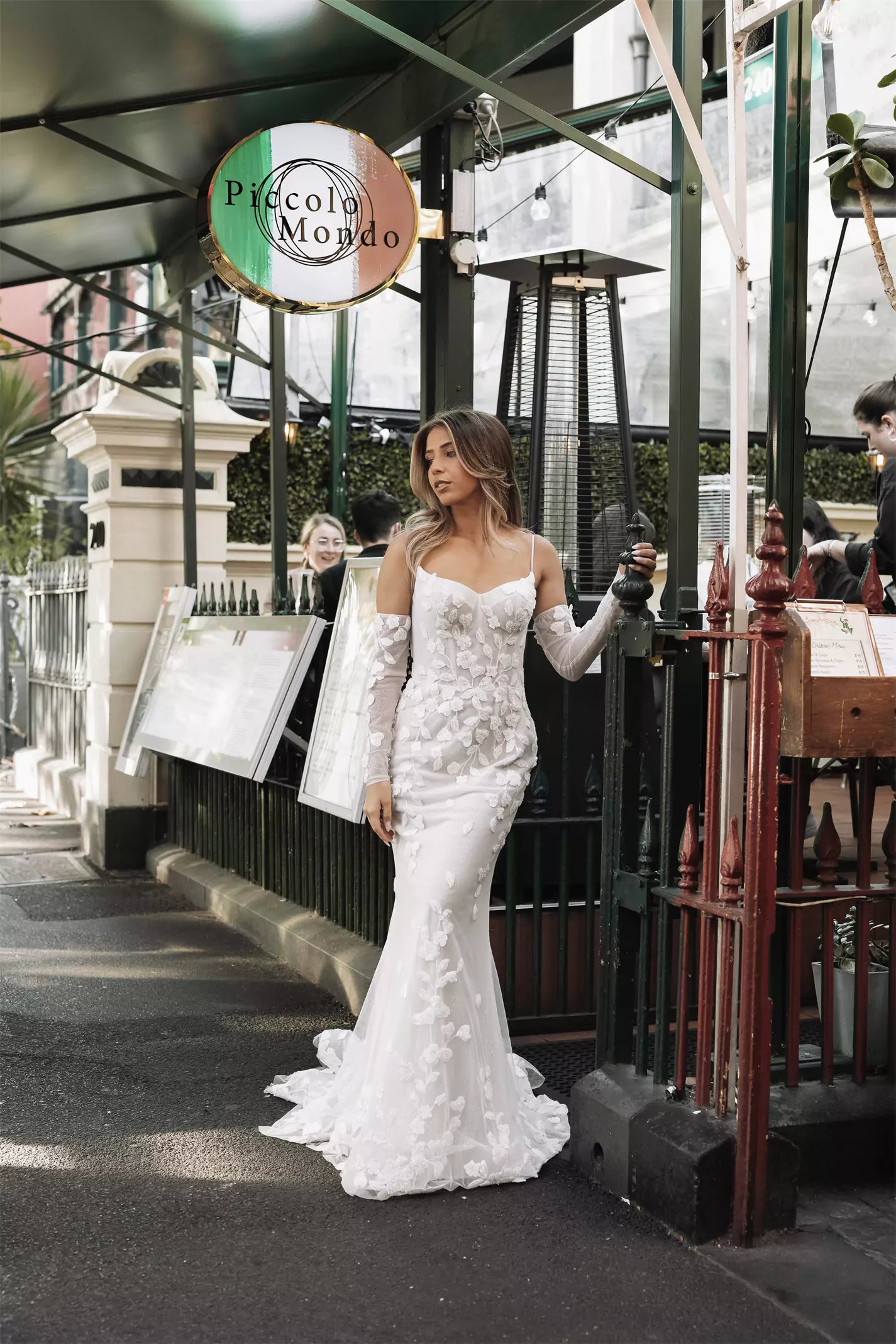 Fitted lace mermaid wedding dress with off-shoulder sleeves and floral appliqués — You&I Bridal | Endless UAE