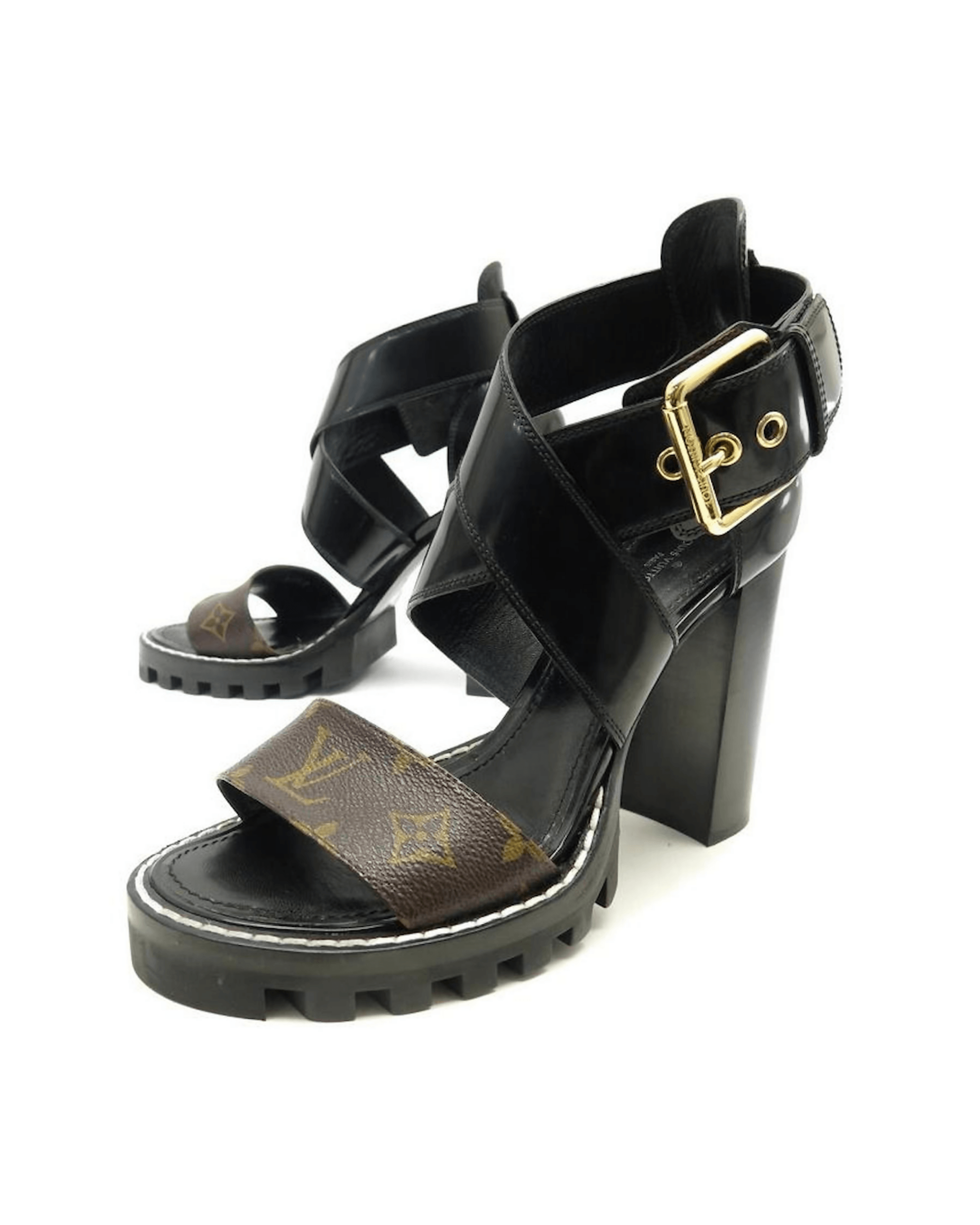 Brown/Black Monogram Canvas and Patent Cross Ankle Strap Sandals - Endless - UAE Rental and Resale for Women's Fashion