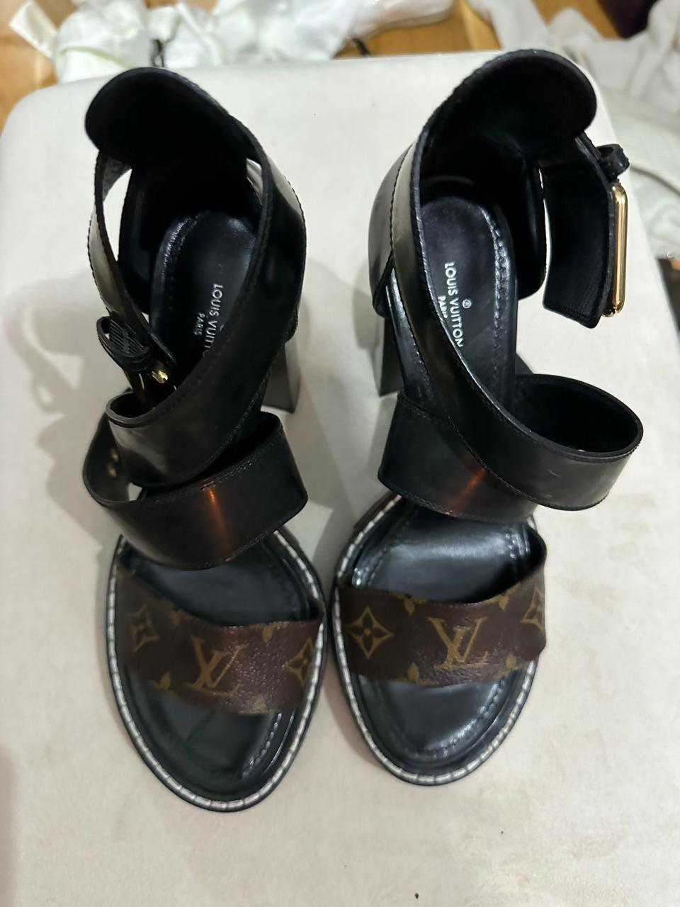 Brown/Black Monogram Canvas and Patent Cross Ankle Strap Sandals - Endless - UAE Rental and Resale for Women's Fashion