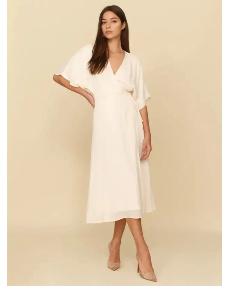 White V-neck midi dress with kimono sleeves and relaxed fit silhouette — Reformation | Endless UAE
