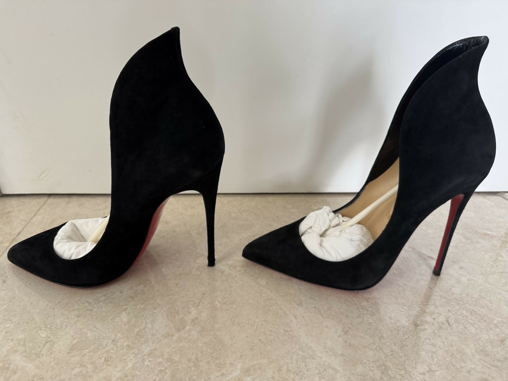 Black suede pointed-toe pumps with cream insoles and tan leather interior — Endless | Endless UAE