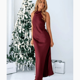 Burgundy Satin High Neck Maxi Dress - Endless - UAE Rental and Resale for Women's Fashion
