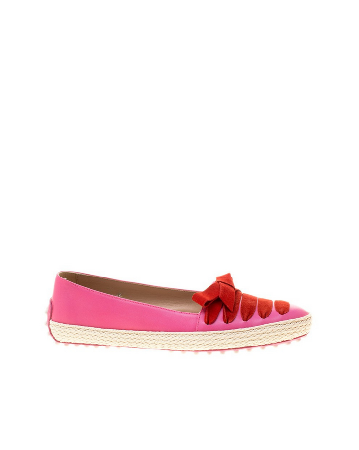 Pink leather espadrille loafers with red suede ribbon bow detail and braided jute sole trim — Tod's | Endless UAE