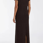 Woman wearing dark brown ribbed knit midi dress with short sleeves and front slit — DISSH | Endless UAE