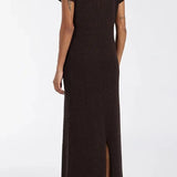 Woman wearing dark brown ribbed knit midi dress with short sleeves and front slit — DISSH | Endless UAE