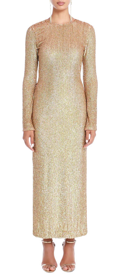 Gold embellished full sleeve maxi dress on model — ILTA | Endless UAE