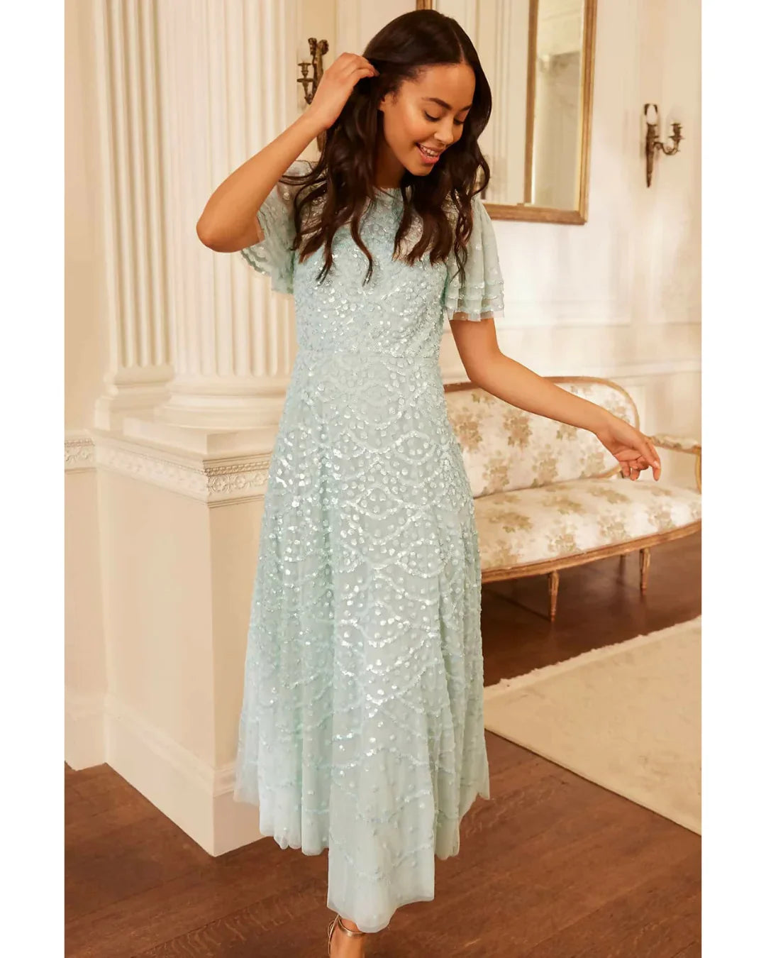 Sage green sequin midi dress with flutter sleeves — Needle and thread | Endless UAE