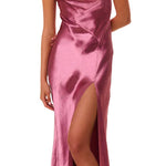 Woman wearing pink satin maxi dress with cowl neckline and side slit — LoveShackFancy | Endless UAE