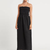Alena Strapless Black Linen Midi dress