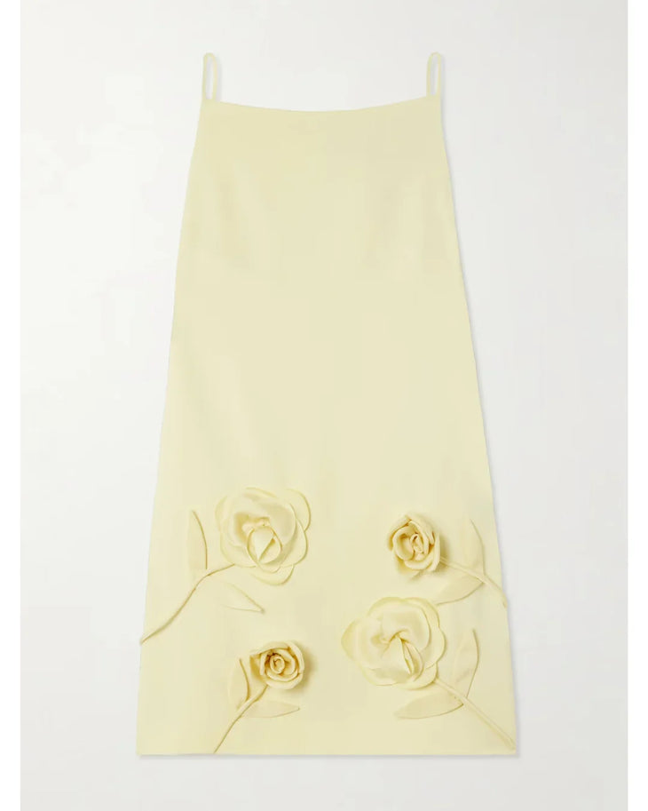 Pale yellow sleeveless crepe mini dress with golden rose appliqués — Self-Portrait | Endless UAE