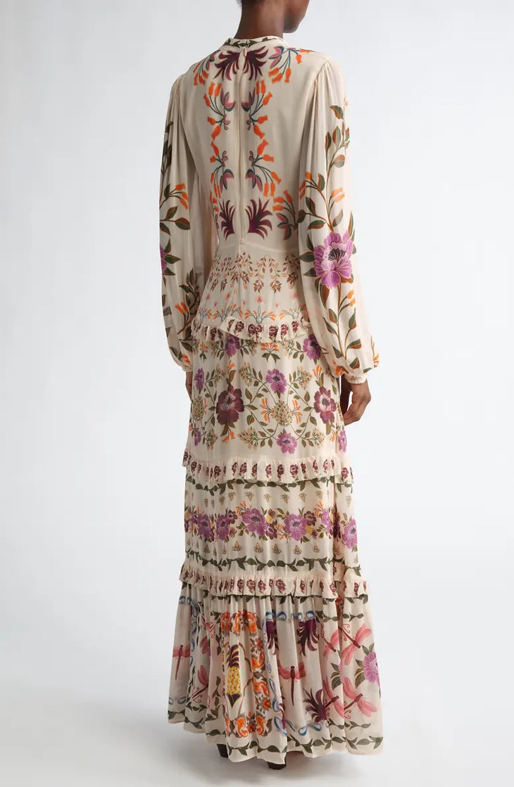 Winter Garden Ruffled Maxi Dress in cream with vibrant floral print and tiered ruffles — FARM Rio | Endless UAE