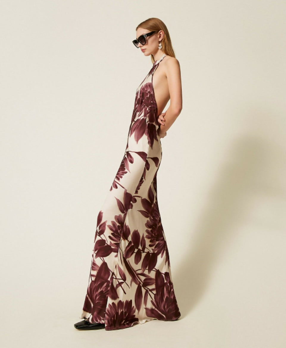 Long halter floral print dress in burgundy and cream — Twinset | Endless UAE