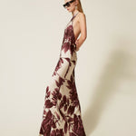 Long halter floral print dress in burgundy and cream — Twinset | Endless UAE