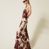 Long halter floral print dress in burgundy and cream — Twinset | Endless UAE