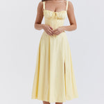 Pale yellow bustier sundress with corset bodice, sweetheart neckline, and flowing midi skirt — House of CB | Endless UAE