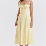 Pale yellow bustier midi dress with ruched bust detail and flared skirt — House of CB | Endless UAE