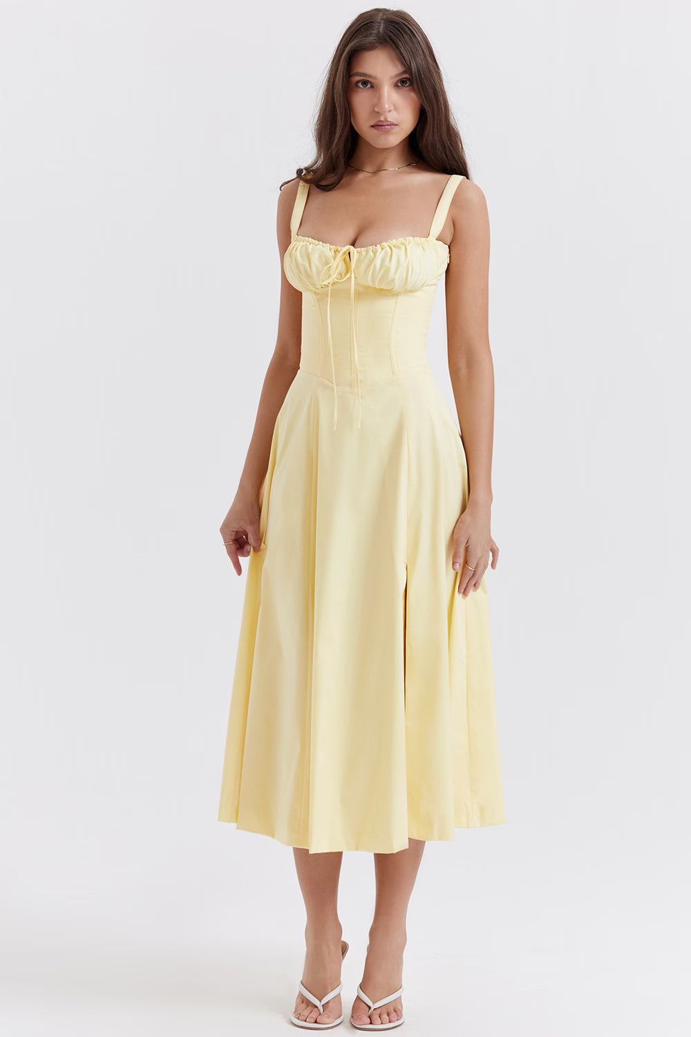 Pale yellow bustier midi dress with ruched bust detail and flared skirt — House of CB | Endless UAE