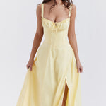 Yellow bustier midi dress with corset bodice, ruched neckline, and front slit - House of CB | Endless UAE
