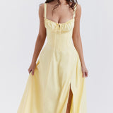 Yellow bustier midi dress with corset bodice, ruched neckline, and front slit - House of CB | Endless UAE