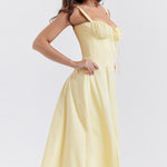 Pale yellow bustier midi dress with ruched bust detail and A-line skirt — House of CB | Endless UAE
