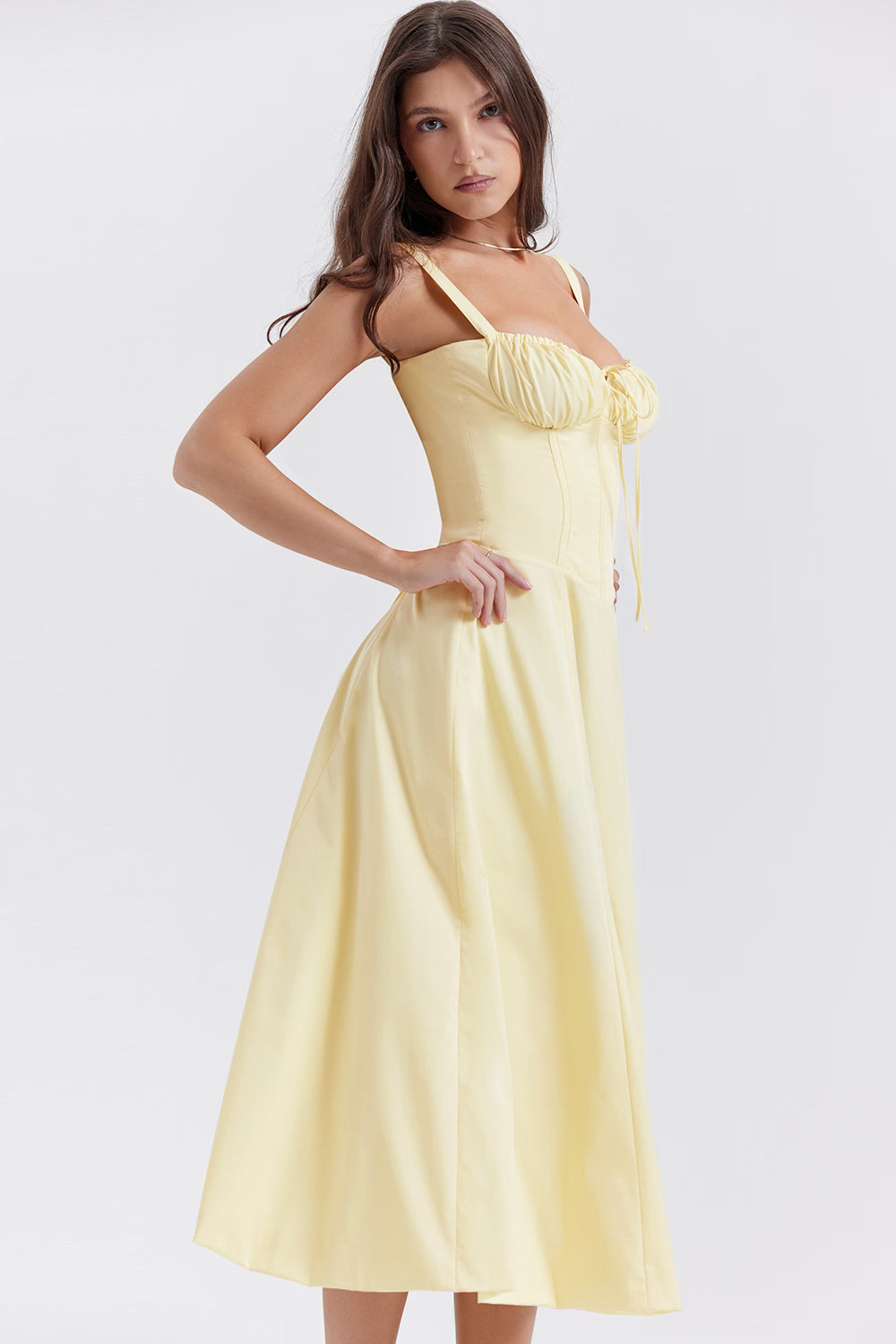 Pale yellow bustier midi dress with ruched bust detail and A-line skirt — House of CB | Endless UAE
