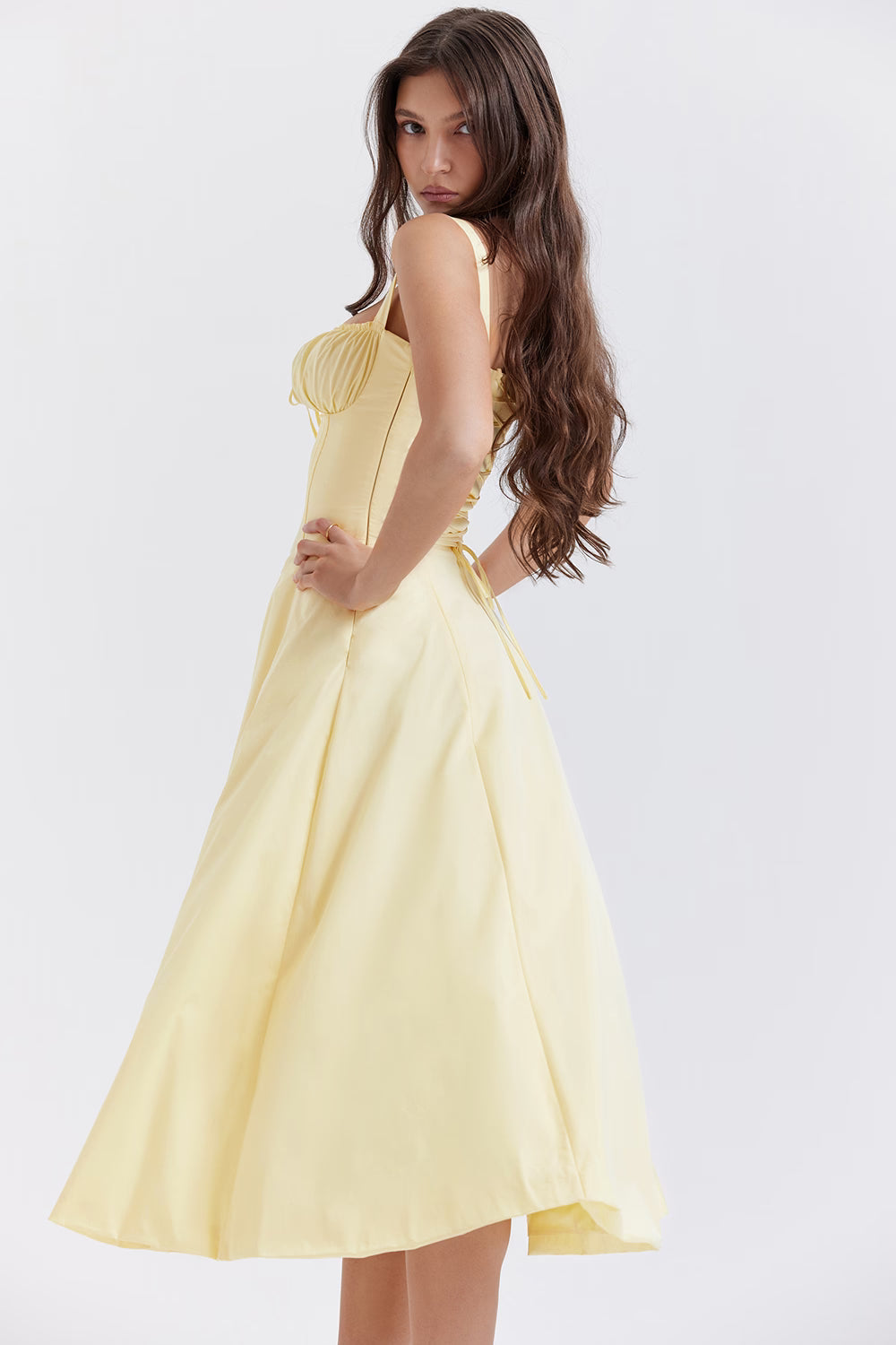 Elegant yellow bustier sundress with ruched bodice and flared midi skirt — House of CB | Endless UAE