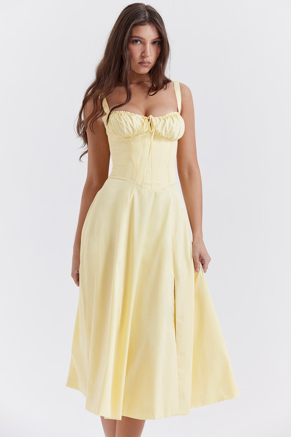 Pale yellow bustier sundress with corset bodice and flowing midi skirt — House of CB | Endless UAE