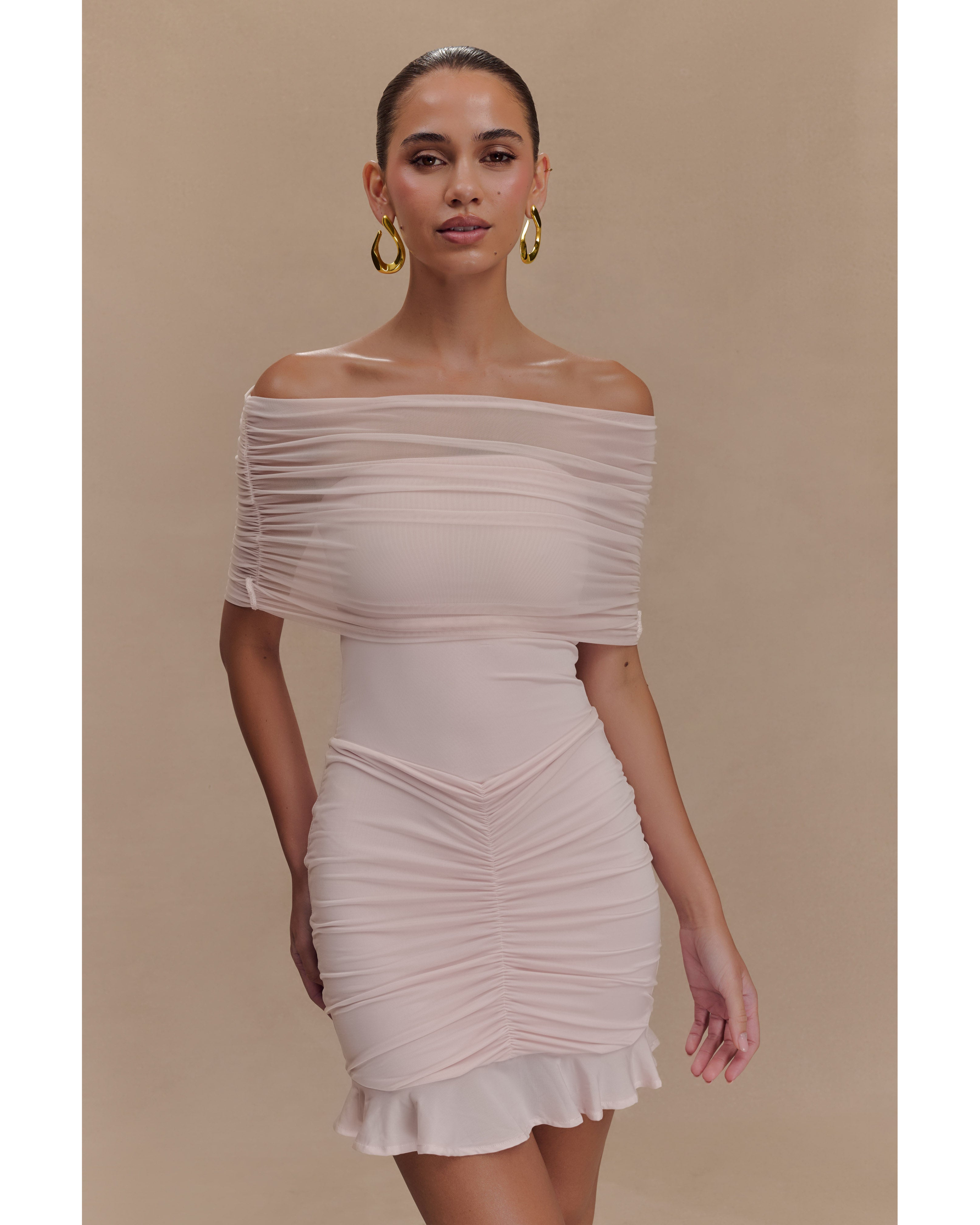 Caspian Slinky And Mesh Off Shoulder Mini Dress - Endless - UAE Rental and Resale for Women's Fashion