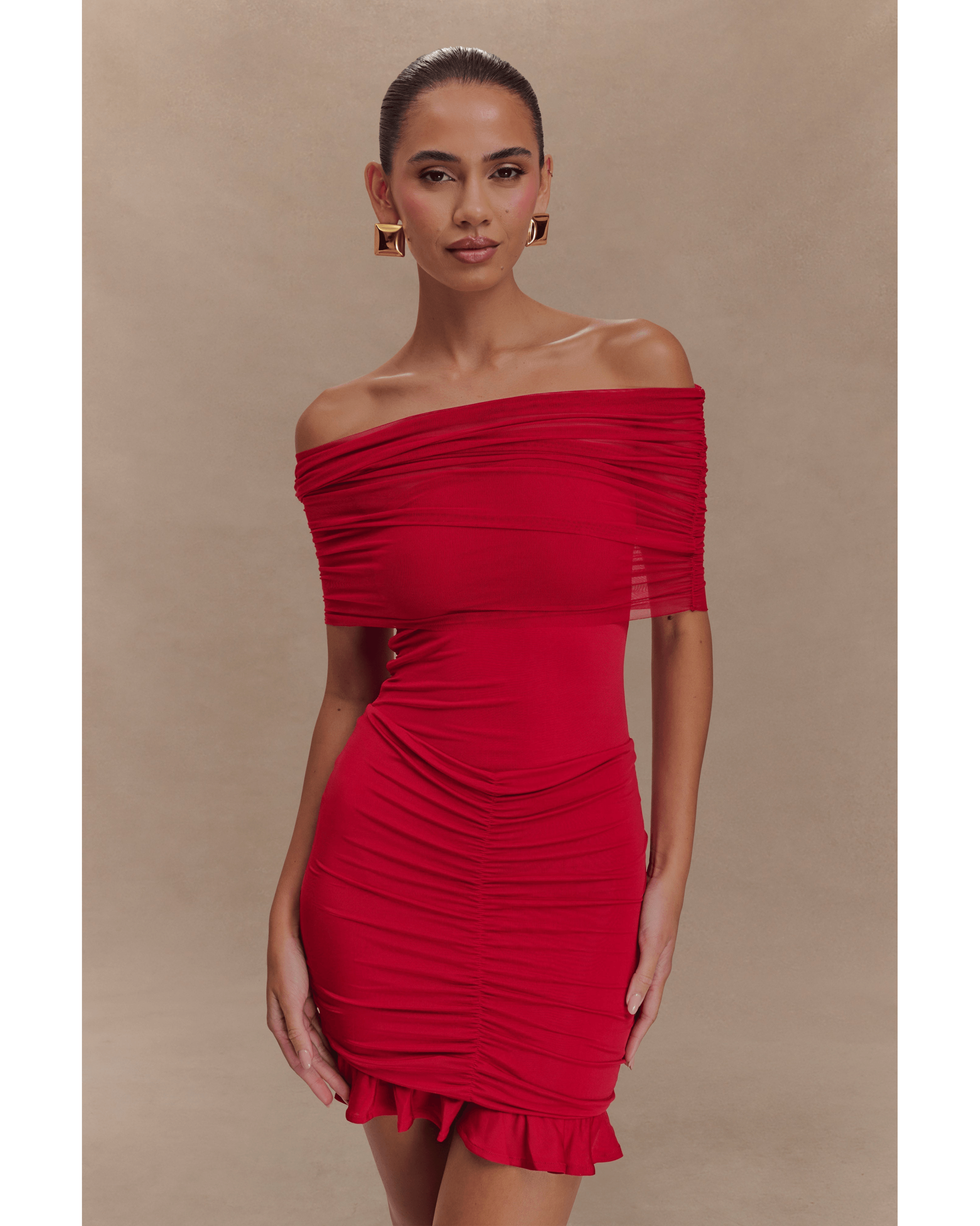 Caspian Slinky And Mesh Off Shoulder Mini Dress - Endless - UAE Rental and Resale for Women's Fashion