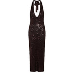 Black sequined halter neck maxi dress with plunging neckline and tie closure — Monday Swimwear | Endless UAE