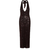 Black sequined halter neck maxi dress with plunging neckline and tie closure — Monday Swimwear | Endless UAE