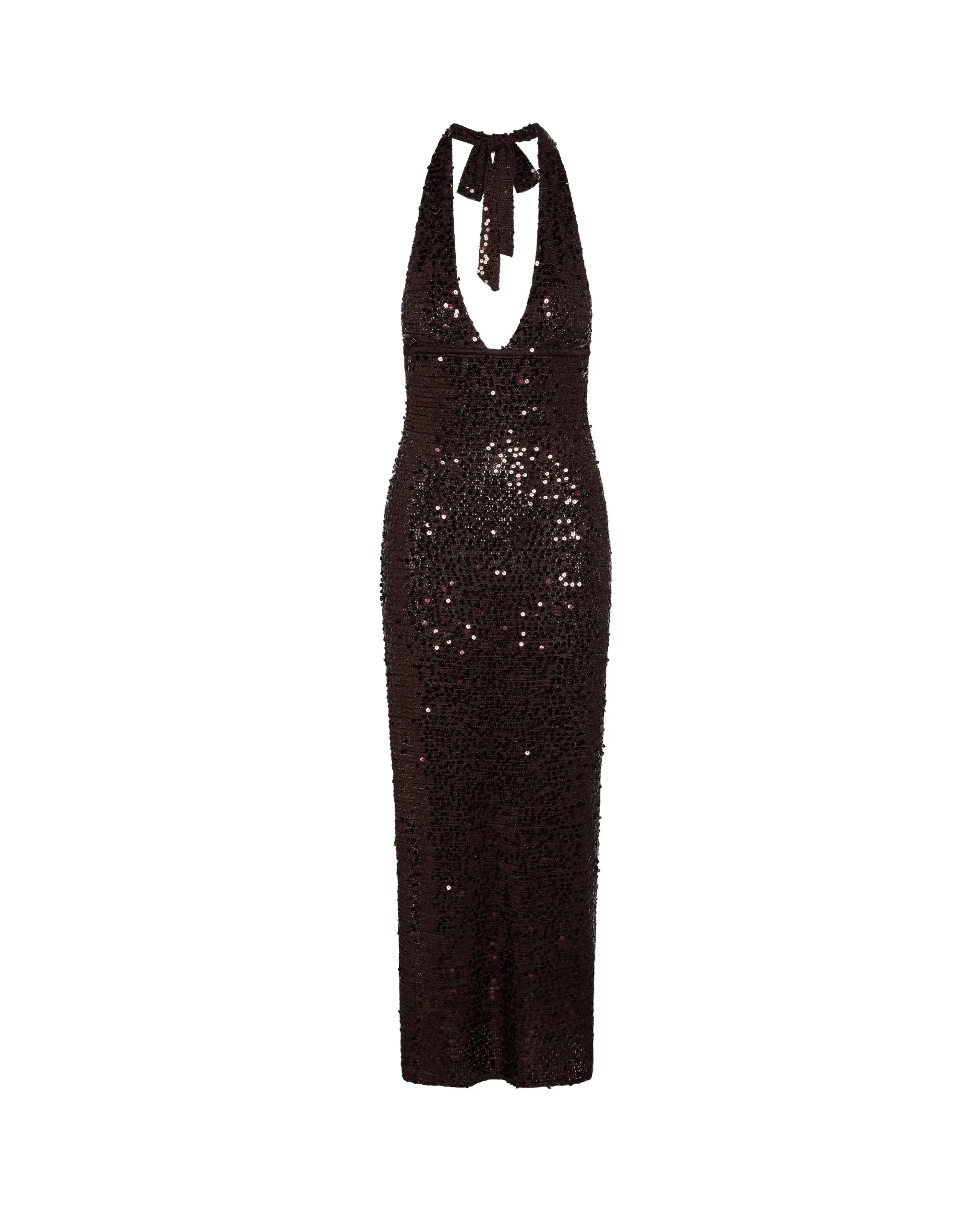 Black sequined halter neck maxi dress with plunging neckline and tie closure — Monday Swimwear | Endless UAE