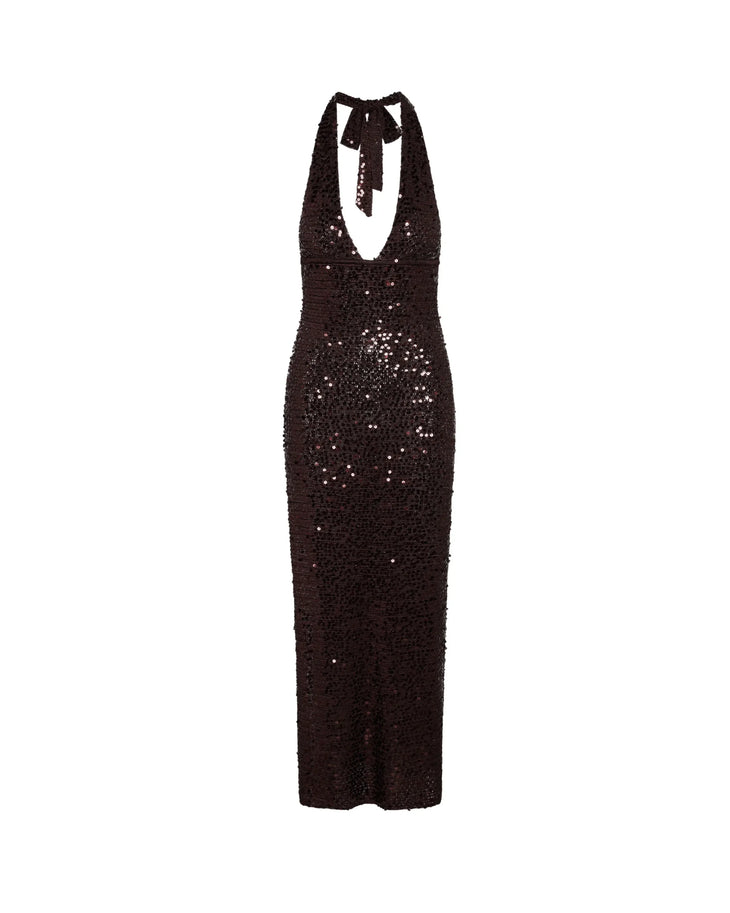 Black sequined halter neck maxi dress with plunging neckline and tie closure — Monday Swimwear | Endless UAE