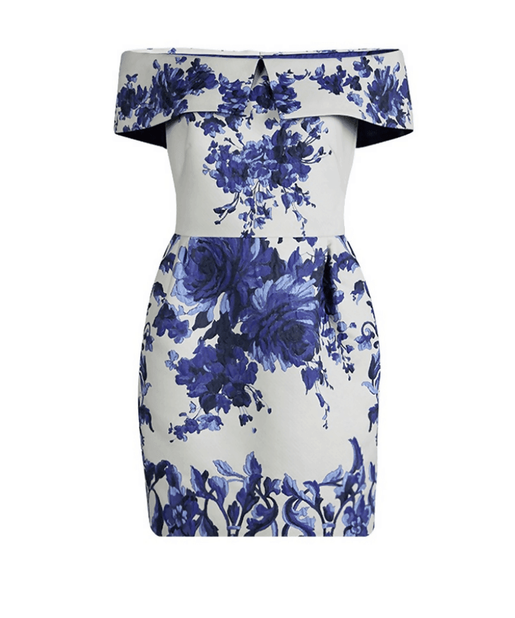 Ceramic Floral Brocade Fold-Over Shoulder Dress - Endless - UAE Rental and Resale for Women's Fashion