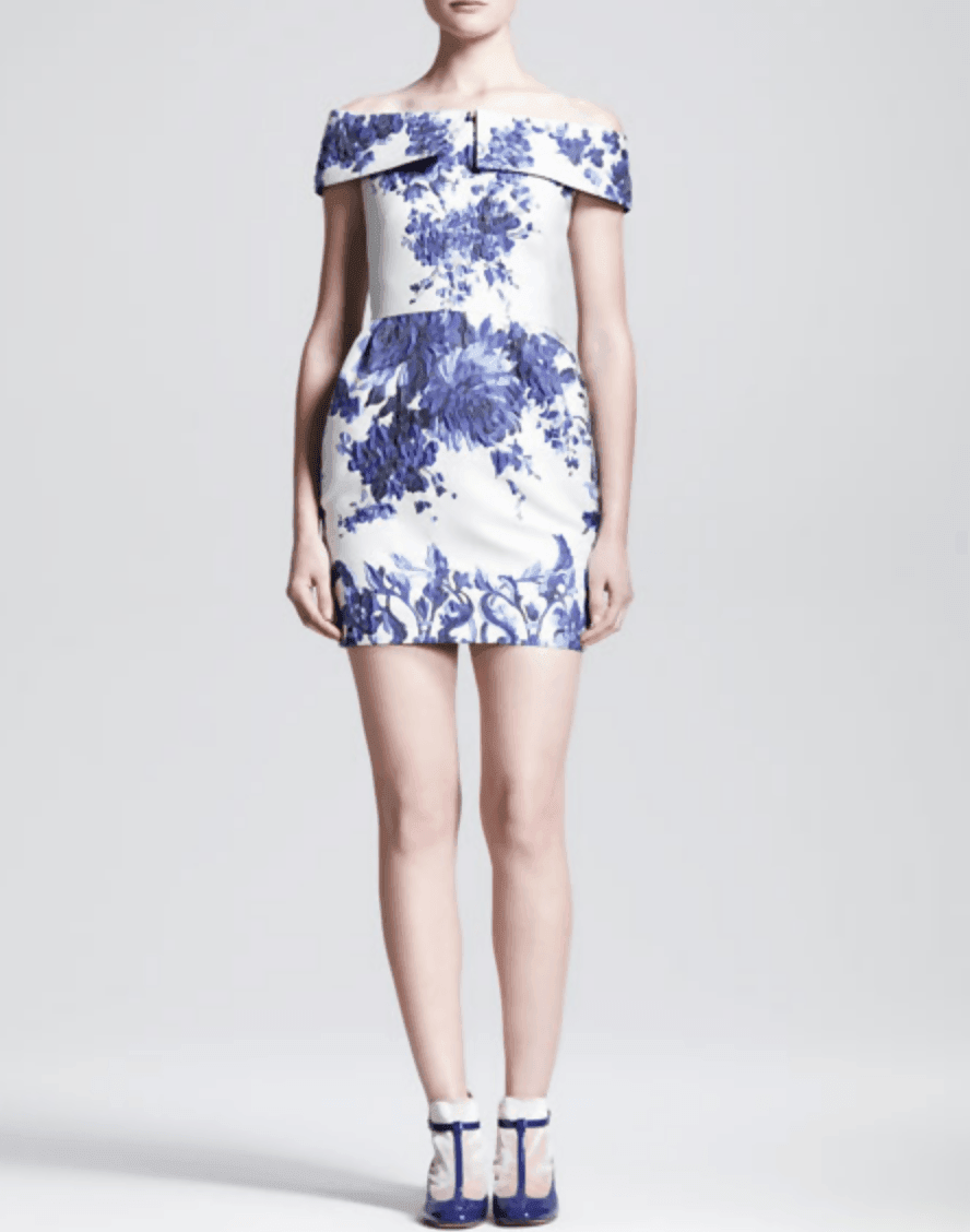 Ceramic Floral Brocade Fold-Over Shoulder Dress - Endless - UAE Rental and Resale for Women's Fashion