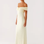 Cream off-shoulder maxi dress with ruched detailing and fitted silhouette — Peppermayo | Endless UAE