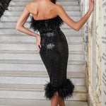 Black sequin midi dress with feather trim details on strapless neckline and hem — Nadine Merabi | Endless UAE