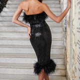 Black sequin midi dress with feather trim details on strapless neckline and hem — Nadine Merabi | Endless UAE