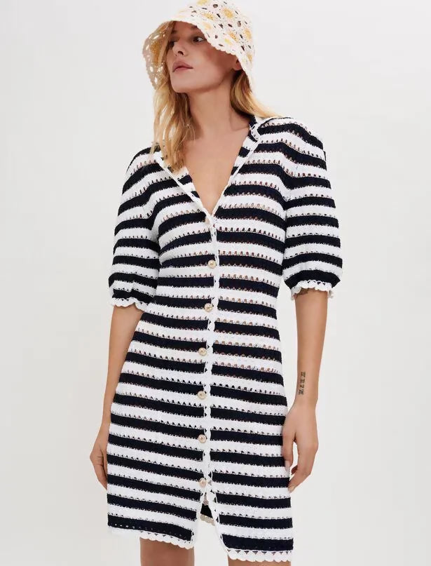 Black and white striped crochet-effect dress with button front and short sleeves — Maje | Endless UAE