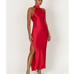 Claire Satin Drape Back Maxi Dress with Split - Endless - UAE Rental and Resale for Women's Fashion