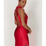 Claire Satin Drape Back Maxi Dress with Split - Endless - UAE Rental and Resale for Women's Fashion
